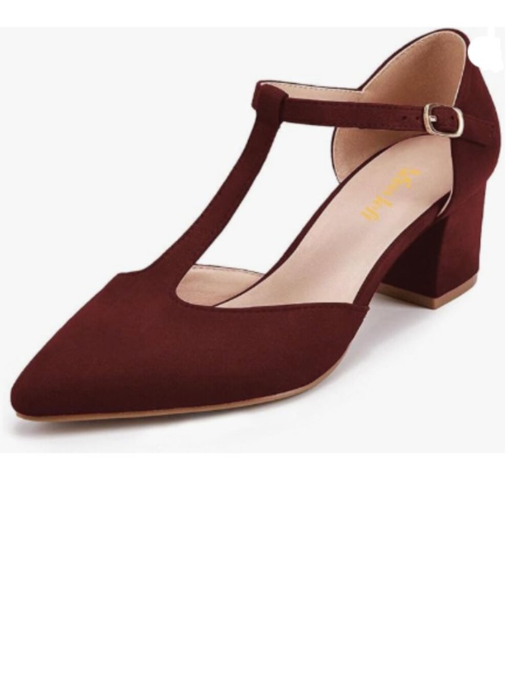 miss left Burgundy Pointed Toe Pumps with T-Strap D'Orsay Low Block Heels Shoes